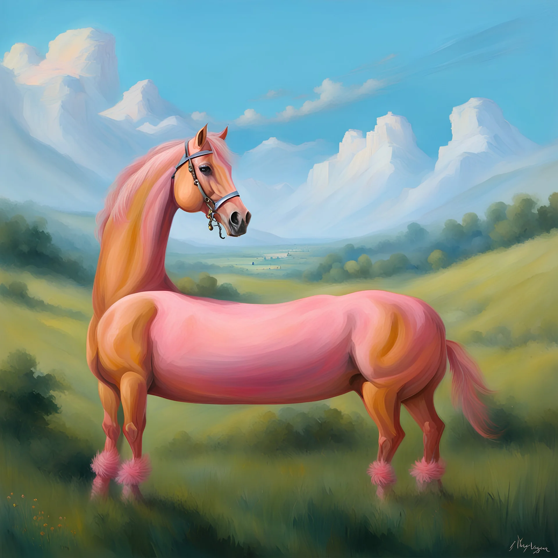 a pink horse like a 19th painting