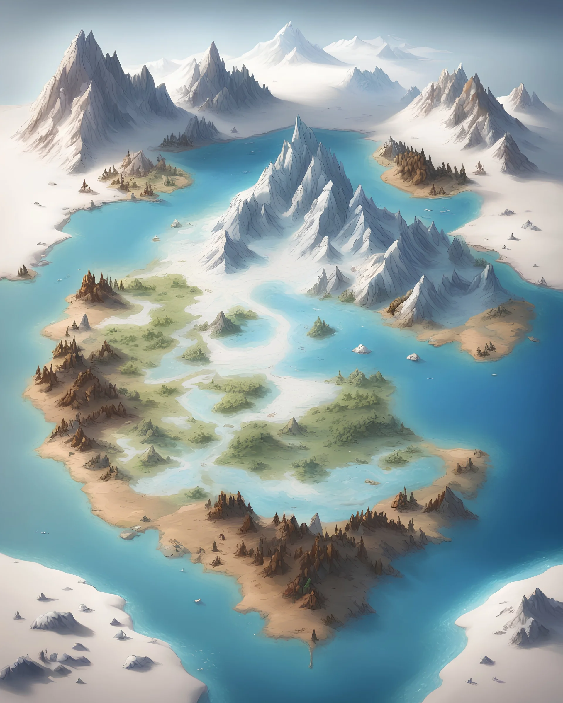 A fantasy map of an island with 3 different climates; desert, snow and forest. Include a mountain in the snow climate and a lake in the middle of the island.