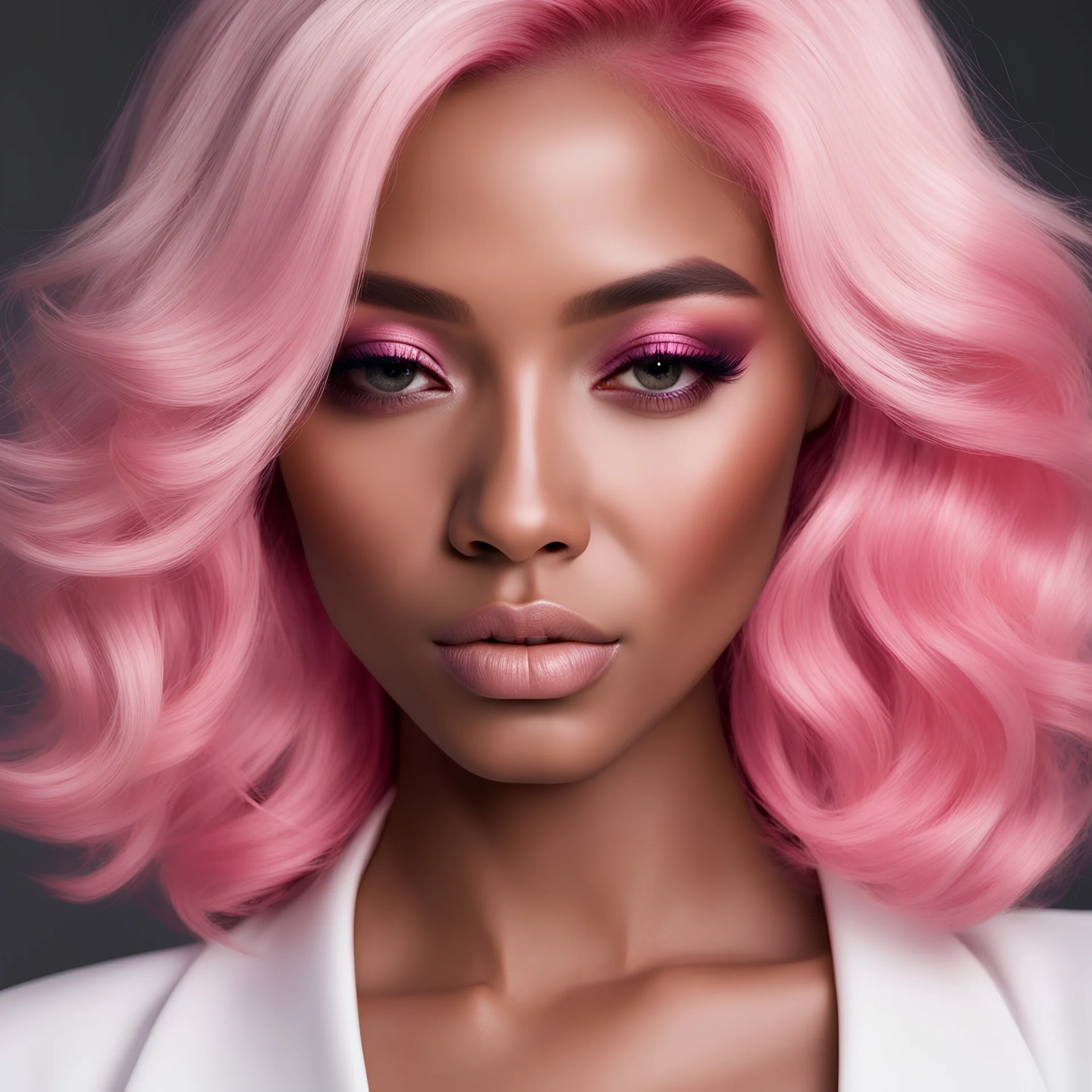 a close up of a woman with pink hair, inspired by Yanjun Cheng, trending on cg society, photorealism, brown skin. light makeup, high resolution product photo, long wavy white hair, in style of realistic, with professional makeup, rose gold, hyper realistic ”