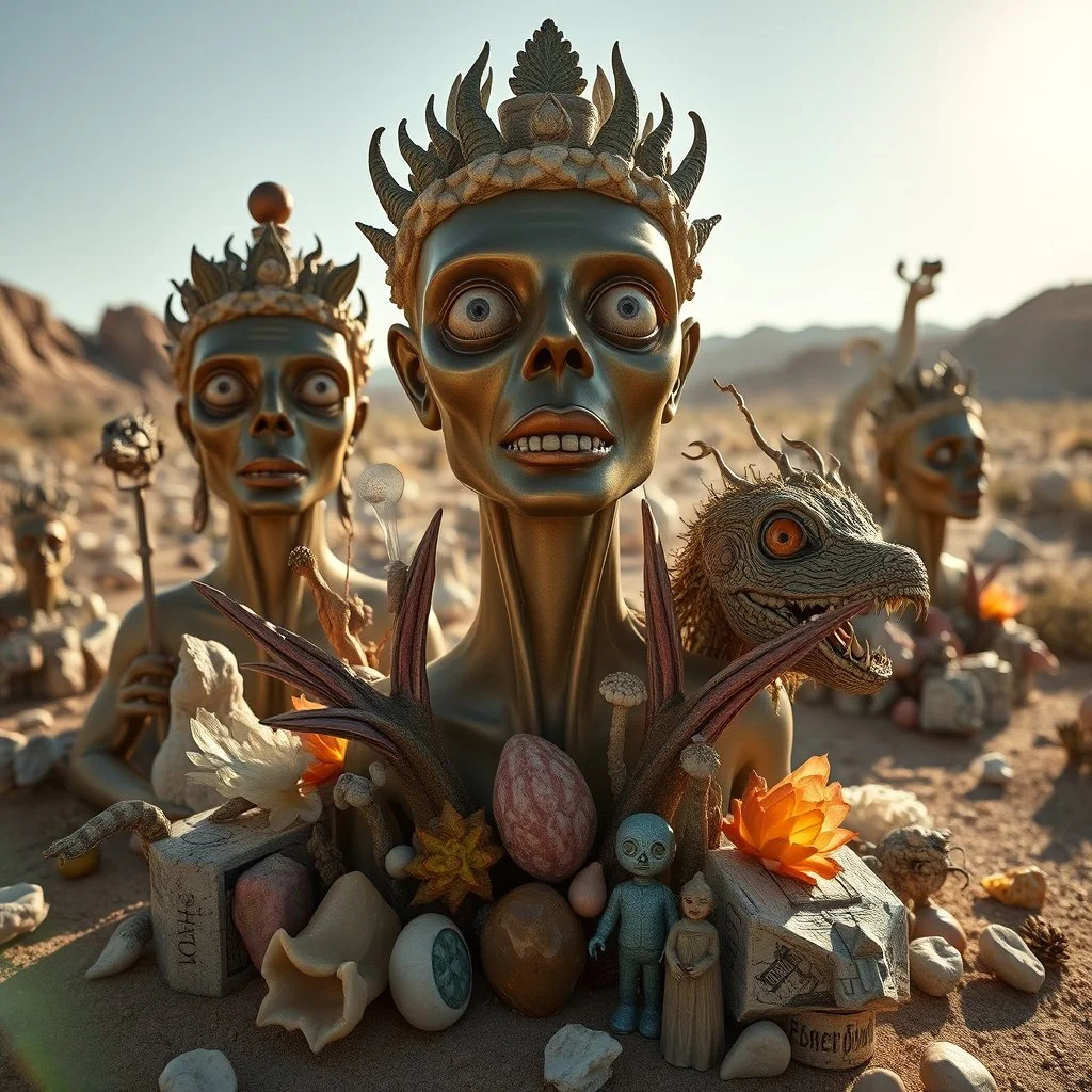 A striking photograph captures a sub-paracosm from a phantasmagorical universe made of glossy organic material, human statues, with group of plants and animals, eyes, teeth, figures, adorned with glossy minerals and rocks, eerie, wasteland, Yves Tanguy style, hypnotic, intense noon-light sun, 8k, deep 3d field, strong texture, extreme detail, intricate, colours, rich moody colors