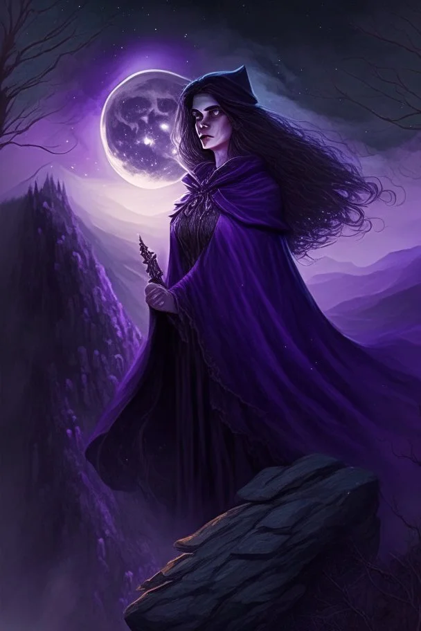 A beautiful witch, dressed in a dark purple cloak, with brown hair and hazel eyes, standing on a mountain peak with a forest behind her, under the full moon, wand out, casting a spell