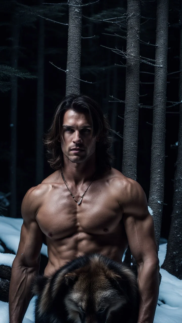 two Handsome and muscular 30 year old shirtless mountain men , dark fantasy, snowy forest