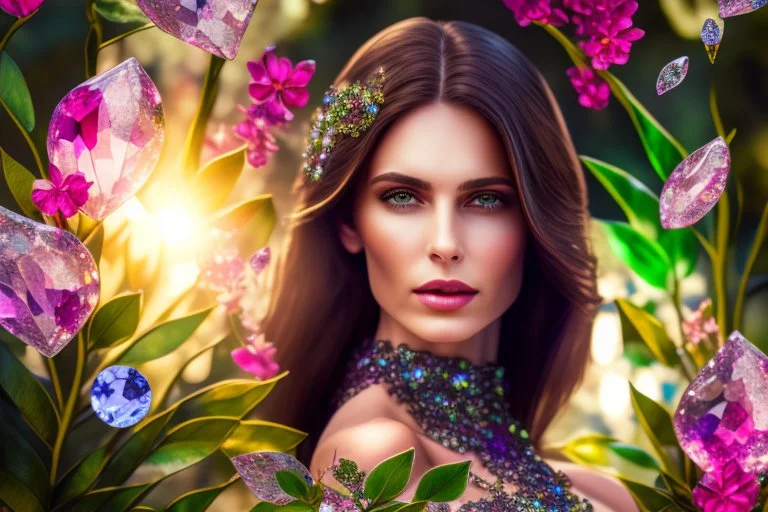 brunette woman in coloured glass gress set with gemstones, glittering metal stems and gemstone leaves in a flowergarden sharp focus elegant extremely detailed intricate very attractive beautiful dynamic lighting fantastic view crisp quality exquisite detail in the sunshine gems and jewels