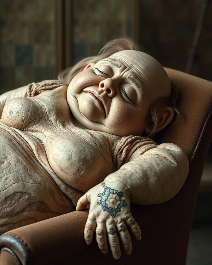 a chubby really old mummified corpse, eyes closed, strawberry blonde hair, leaned over in a brown chair