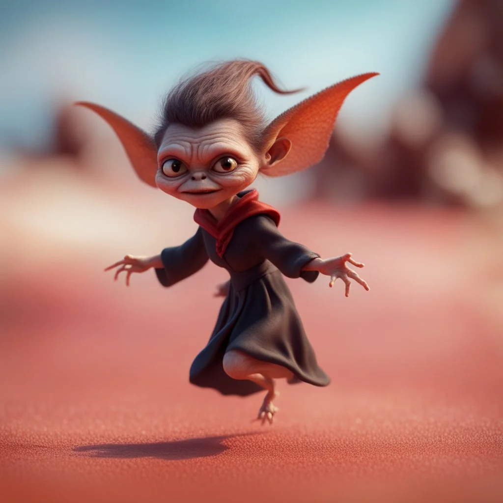 elongated gremlin flying bromstick female witch on a red sand beach ,bokeh like f/0.8, tilt-shift lens 8k, high detail, smooth render, down-light, unreal engine