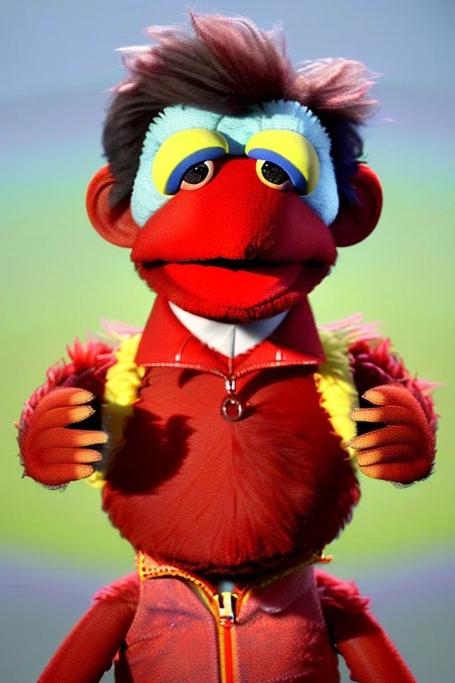 Waist up muppet Portrait, Nicolas maduro us muppet doll, Venezuelan president, tracksuit red blue and yellow, mustache, photo studio, red background, unreal engine 5, concept art, art station, ray tracing, lumen lighting, ultra detail, volumetric lighting, 3d.