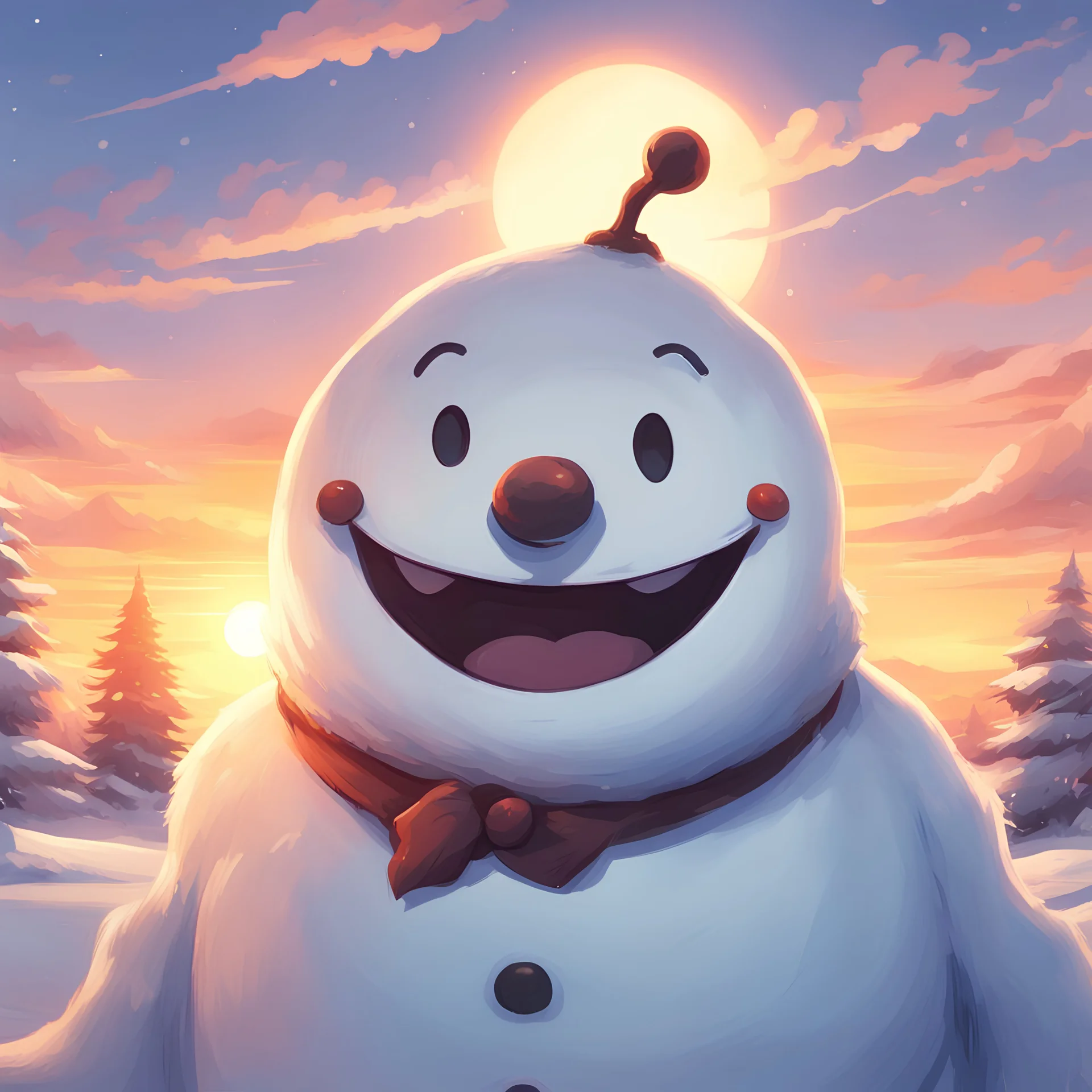 a villanous grin smiling snowman, serene and peaceful sunset background, soft sunlight, 2d anime art,