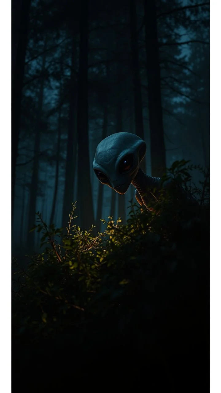 A alien peeking out of a bush in a forest at night, photorealistic