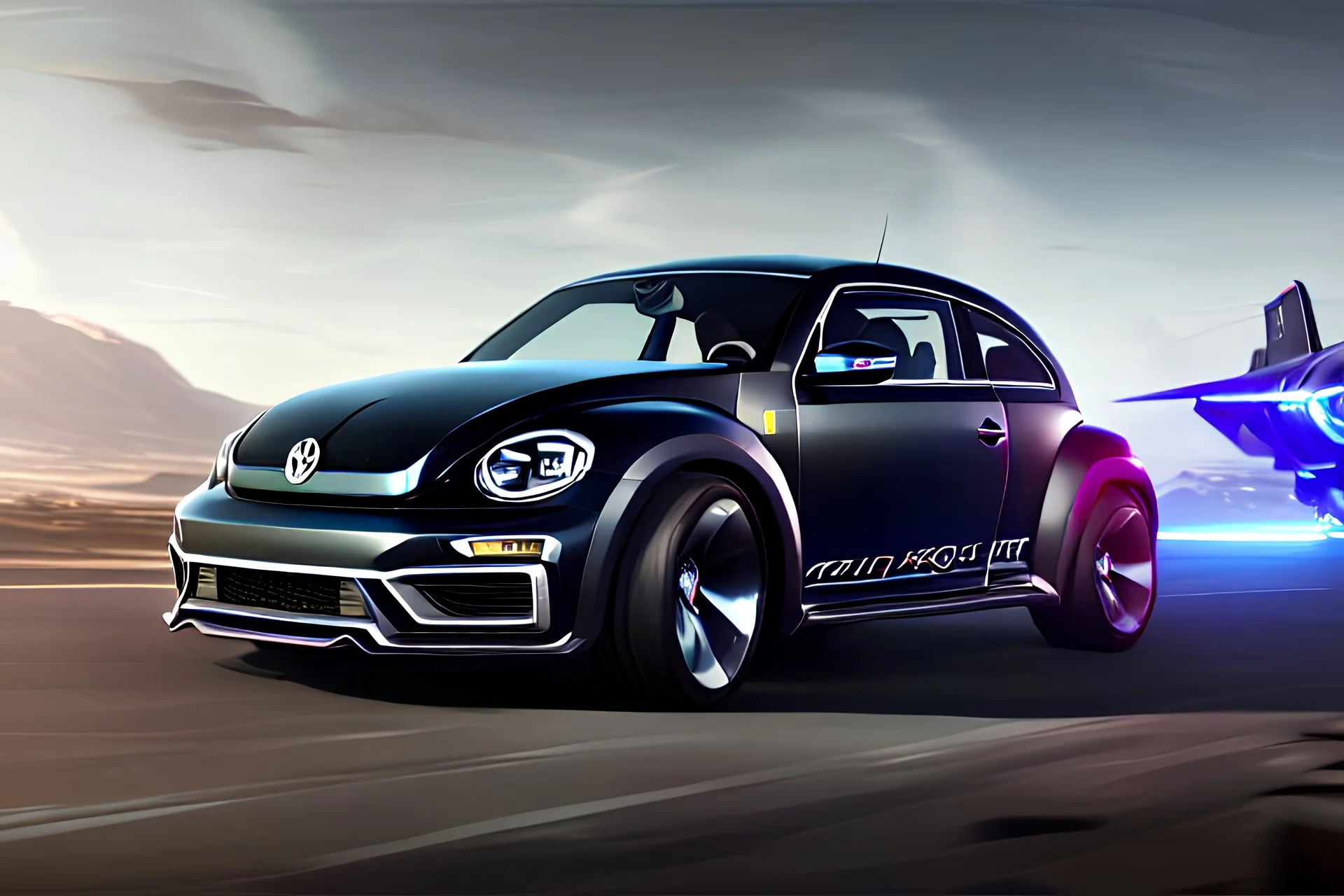 volkswagen beetle fighter-jet hybrid:: made of shiny obsidian glass :: reflective, glassy :: subtractive lighting, backlit :: : hyperrealistic, hyper detailed, photorealistic :: epic, incredible composition, amazing depth, meticulously composed, 64k resolution concept art :: fantasy magazine cover art