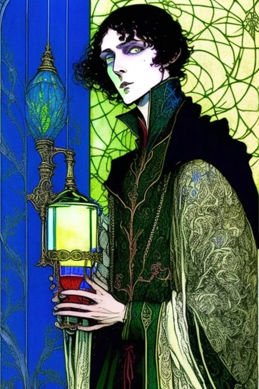 Young male alchemist with blue eyes, wearing long robes, holding a potion flask in the style of Harry Clarke