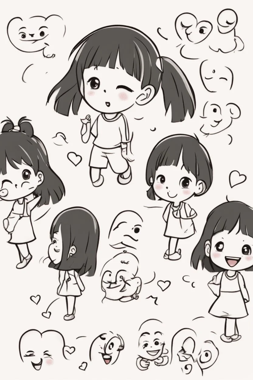 Little girl characters expressing different emotions, such as happiness, surprise, and curiosity. Use heart shapes to depict various facial expressions.,very happy , Colloring page for todlliers ; basic hawali style cartoon , black and white , ink outlines , , smooth , anime style , minimalist , cute eyes , full body , white shose , sketchbook , realistic sketch , free lines , on paper , character sheet , clean line art high detailed