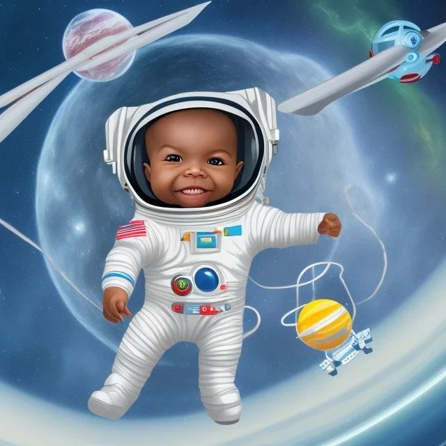 African American baby boy astronaut with books