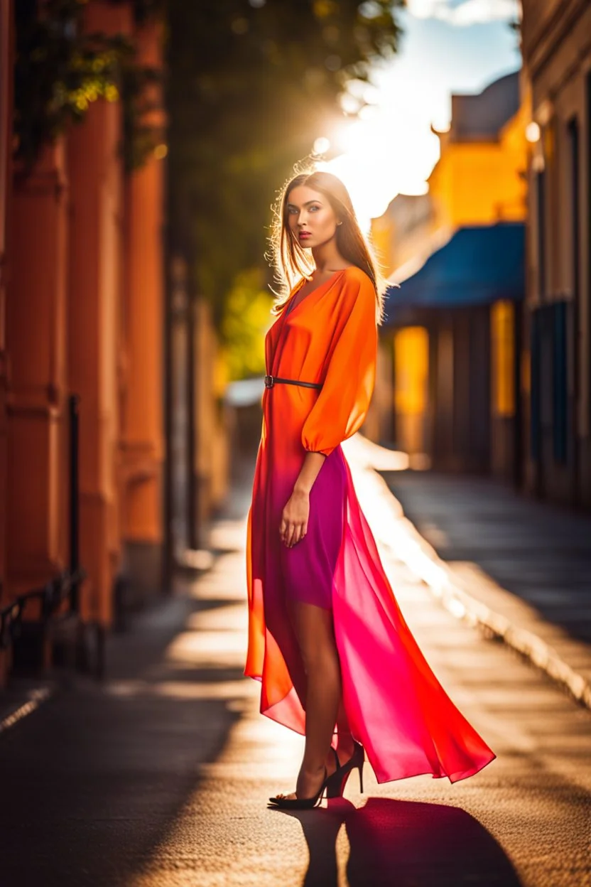 full body shot Young woman, 20 years old, wearing nice fashion dress catwalk in an urban setting, soft sunlight accentuating the vibrant hues of her attire, high contrast, shallow depth of field, candid photo, natural light, ultra realistic