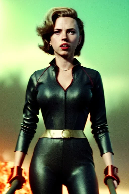 retro portrait image from 1960, explosion background, wind, long hair, young Scarlett Johansson, classic black tight lycra suit, metal stick weapon, gold bracelet and belt, high heel boots, soft color, highly detailed, unreal engine 5, ray tracing, RTX, lumen lighting, ultra detail, volumetric lighting, 3d, finely drawn, high definition, high resolution.