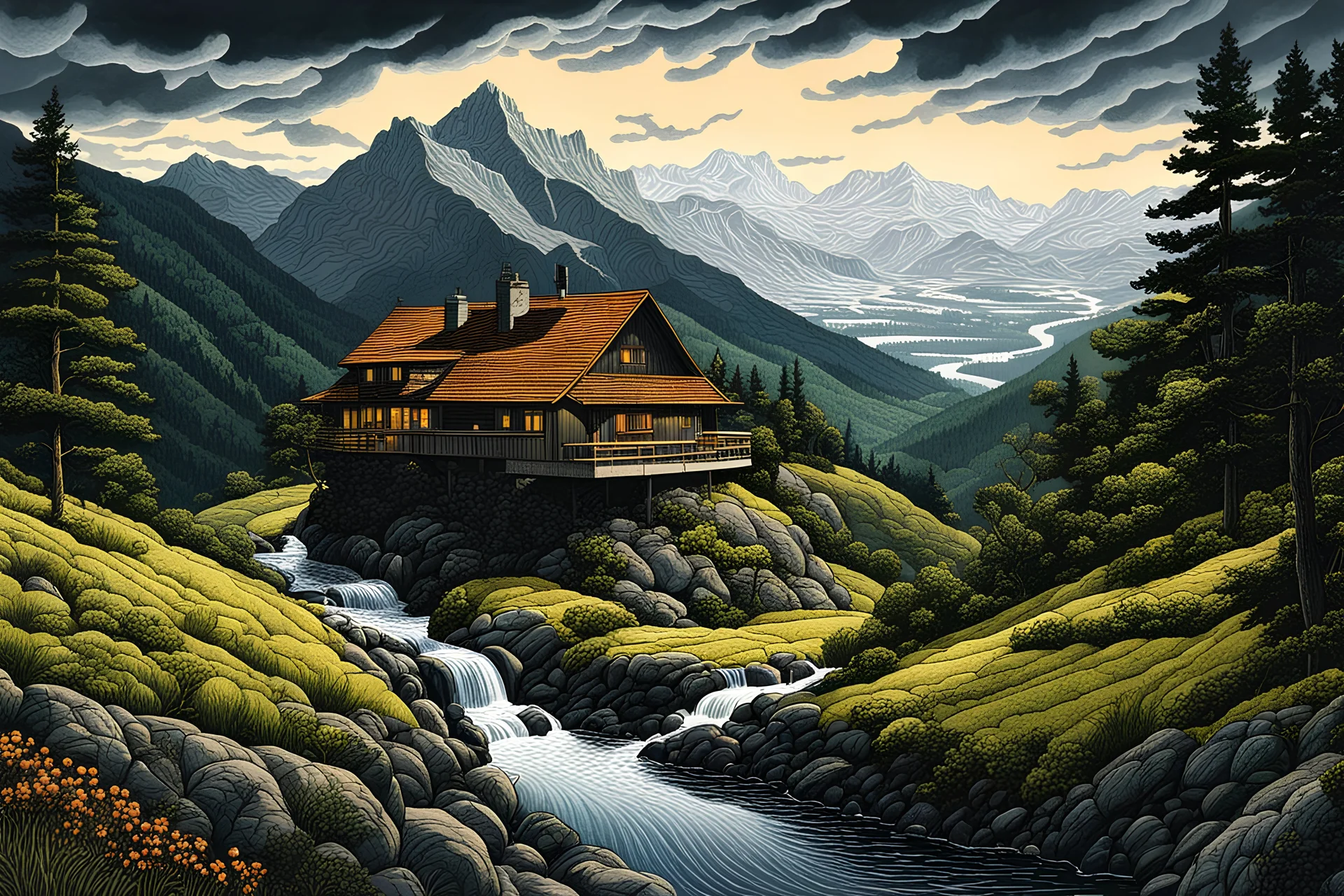 create a wildly imaginative, landscape illustration of an ethereal, otherworldly , ramschakle mountain chalet, under an ominous, threatening sky, overlooking a winding river valley, in the art style of Simon Palmer, highly detailed , finely drawn, colored and inked, suffused with dramatic natural light and shadow, in vibrant natural color