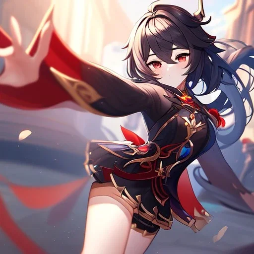 Clear focus,High resolution, black long hair, Vibrant red eyes, Genshin impact inspired outfit, wearing a short skirt, kicking pose