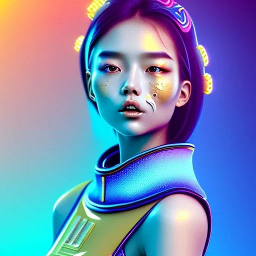 asian woman teenager, few freckles, gold teeth, padded coat, gummy style, purpurin, retro futuristic, latex dress, gradient color, BLUE, PINK, CYAN, neon, insanely detailed, 16k resolution, perfect eyes, cinematic smooth, intricate detail