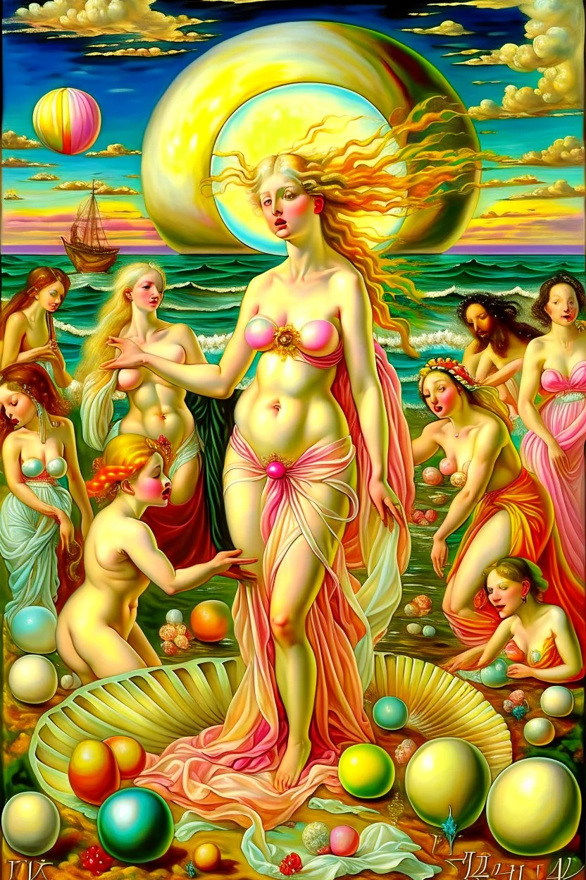 a striking painting of the birth of Venus, as she arrives on the shore, on the shore there are ladies with facelifts, Botox lips, too much makeup, fake beauty , they look at her jealously as their fake beauty cannot overshadow the natural beauty of Venus