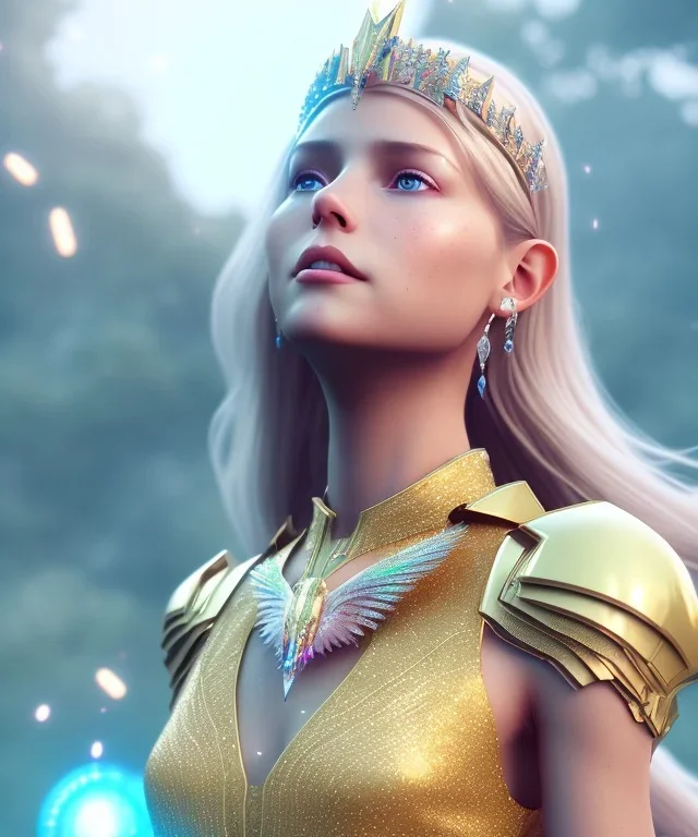 A crystalised queen, atmospheric, realistic, unreal engine, cinematic lighting, octane render, transparent long dress, blonde, full body, bright wings, smile, long hair