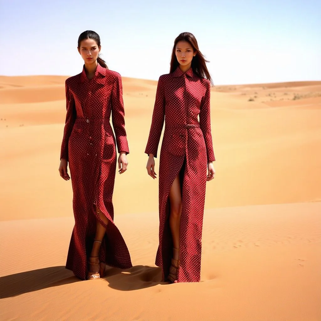 Female fashion models in the Gobi Desert.