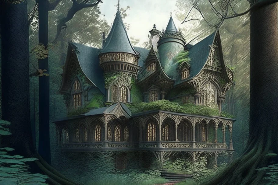 victorian fantasy house surrounded by forest