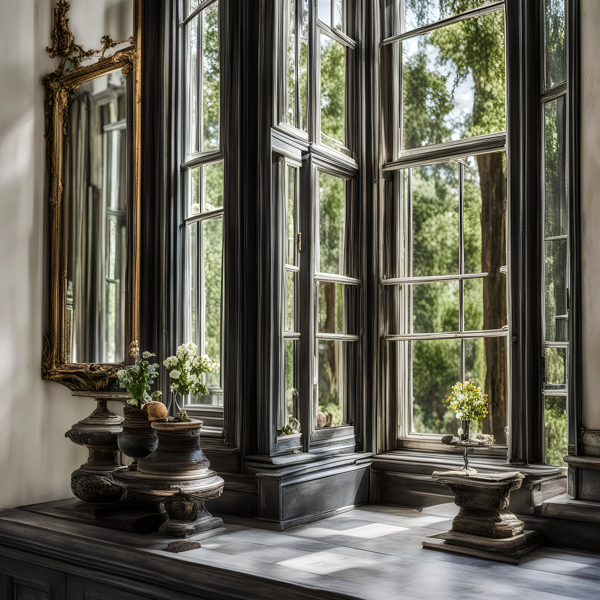 On the old, black and striped window sills of the house, some magnificent mirrors can be seen.