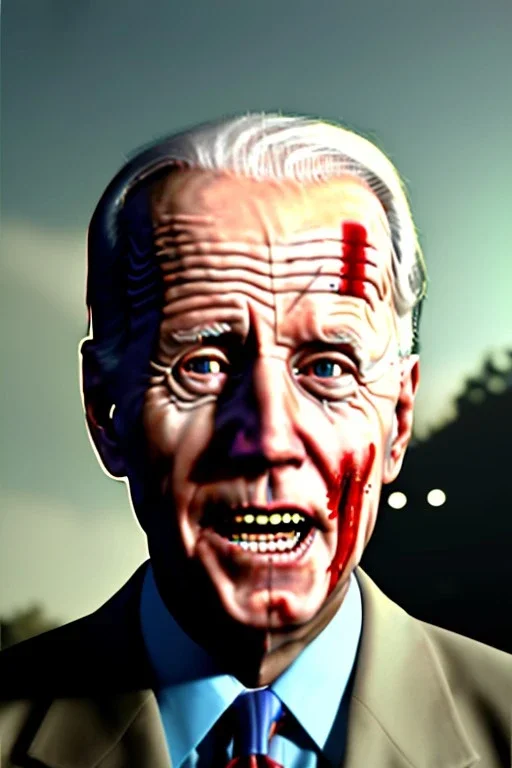 realistic image, joe biden zombie, arm cut and bleeding, night, walking with a limp, waist up view, 80s, dark ambient, highly detailed, sky background, concept art, unreal engine 5, god rays, ray tracing, RTX, lumen lighting, ultra detail, volumetric lighting, 3d, finely drawn, high definition, high resolution.