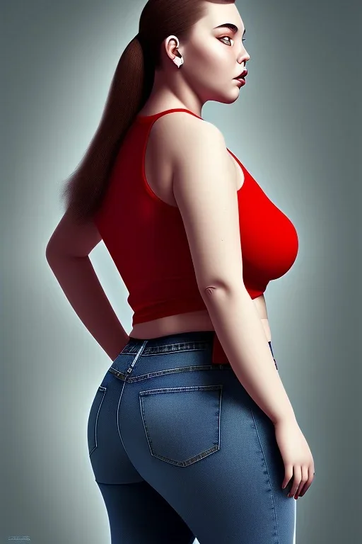 fat girl, jeans, crop top, fat belly, side view, close up, face