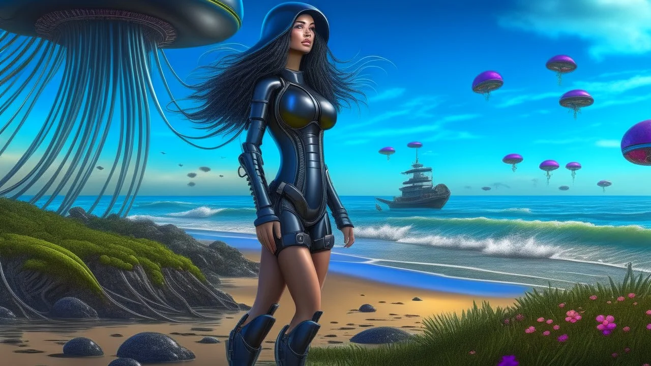 A Long-Haired Woman In A Robotic-Looking Catsuit Standing On A Beach, With Flying Mushrooms with Jellyfish Tentacles, and a crashed Spaceship lying in the water, and a Forest in the distance, photorealistic