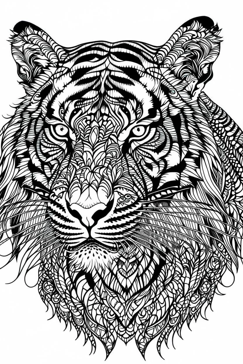 tiger face tattoo, coloring page, clean line art, adults drawing book, Black and white only, crisp black lines, sharp lines, coloring page for adults, black and white picture, lots of details,