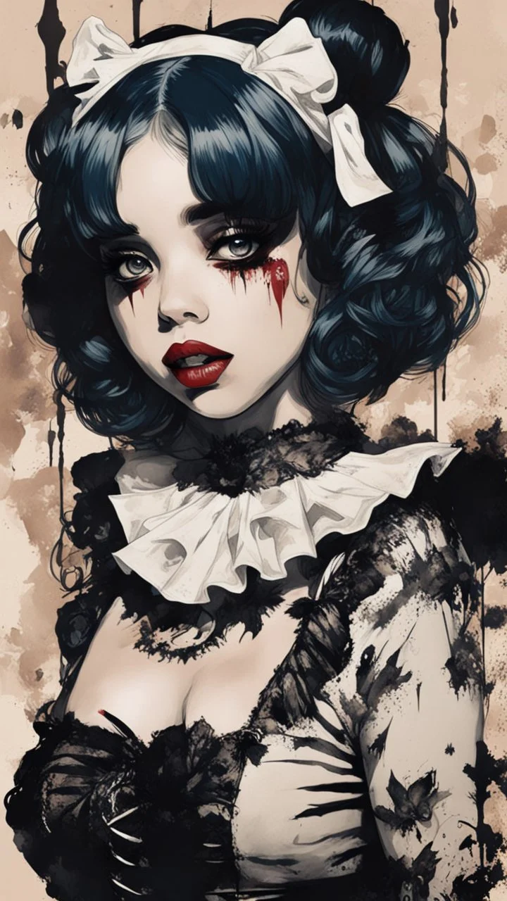 Poster in two gradually, a one side malevolent goth vampire girl face and other side the Singer Melanie Martinez face, full body, painting by Yoji Shinkawa, darkblue and sepia tones,