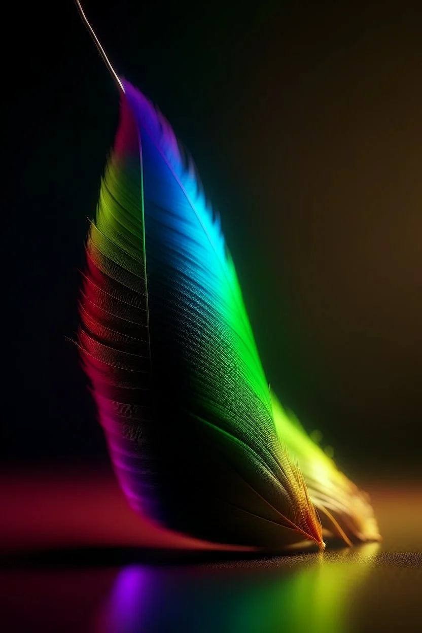 Create image of a large feather standing upright with a rainbow in the background. The right side of the feather is breaking up into tiny triangles and separating from the rest of the feather as it drifts off to the right. Highest resolution photo realistic quality, (Lumix G9II/ Olympus Pro 40-150), professional camera (zoom), edge lighting, cinematic lighting, translucency, extrusion and value change of gradient, specular attenuation and contrast 18K UHD