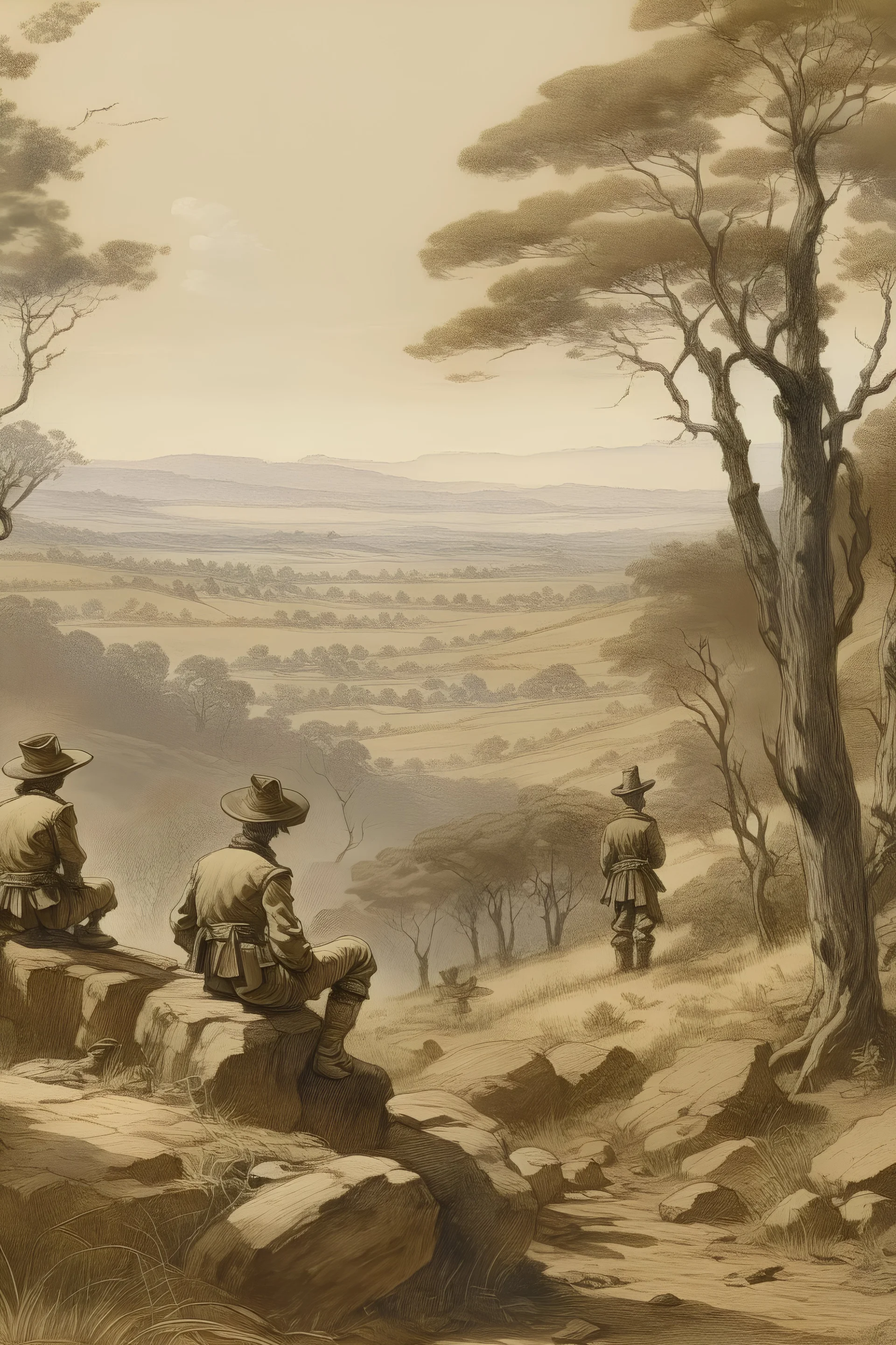 Looking over a valley in the Anglo boer war where boer soldiers are lying in wait for a column brittish soldiers walking in columns with trees overlooking