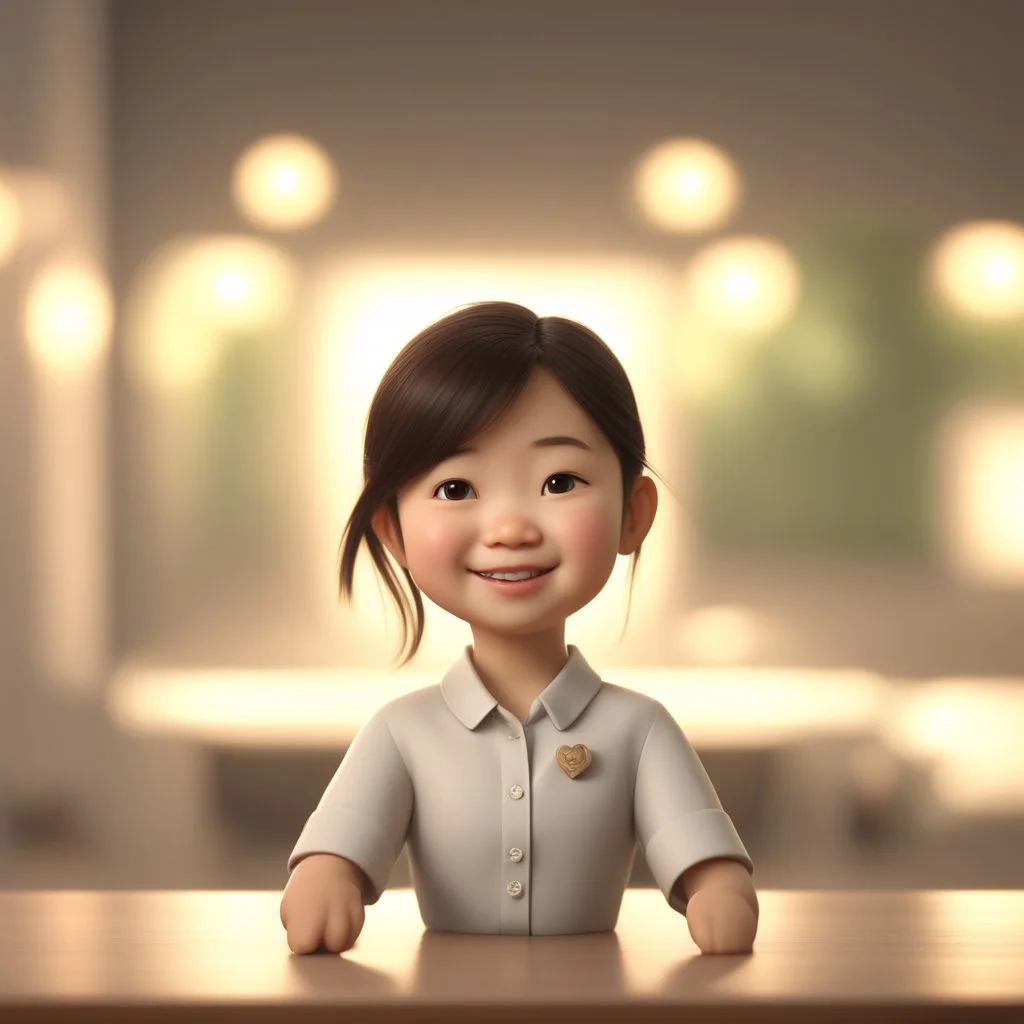 a portrait of smiling cute beautiful chinese little woman wearing formal shirt. medium dark brown hair. fair skin. dark brown eye pupils. small nose. heart face shape. pixar style. 3D. 4k. portrait. highly detailed. sharp focus. high resolution. full color. cinema lighting