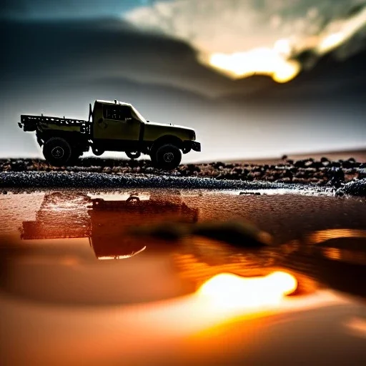 stylized hyperrealistic shot, muddy aggressive military toy truck, monotone color palette, sharp focus, puddle reflection, tire water splash, refraction, mist on the horizon, sunset, rocks background, detailed and intricate, cinematic composition, micro, tilt shift photography, unreal engine 5, octane render, 8k, cinematic lighting