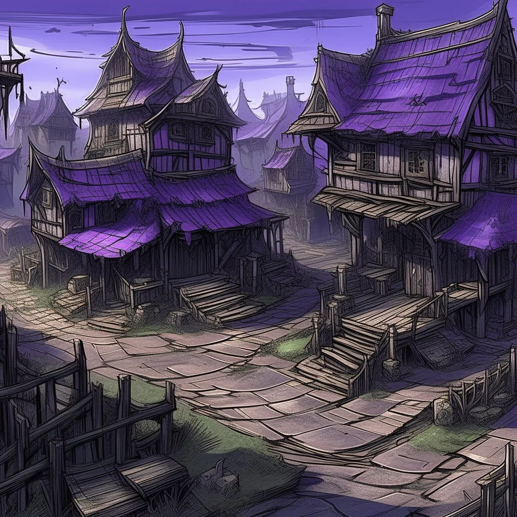 A violet abandoned plague town designed in Heidrun manuscripts