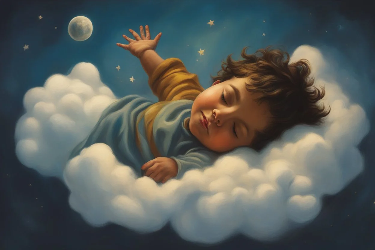 A child having a good dream floating on a cloud painted by Poul Anker Bech concept art, mid shot, intricately detailed, color depth, dramatic, 2/3 face angle, side light, colorful background