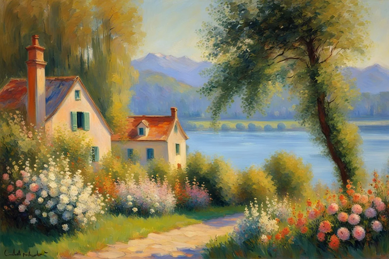 Sunny day, mountains, river, distant house, flowers, trees, claude monet and friedrich eckenfelder impressionism paintings