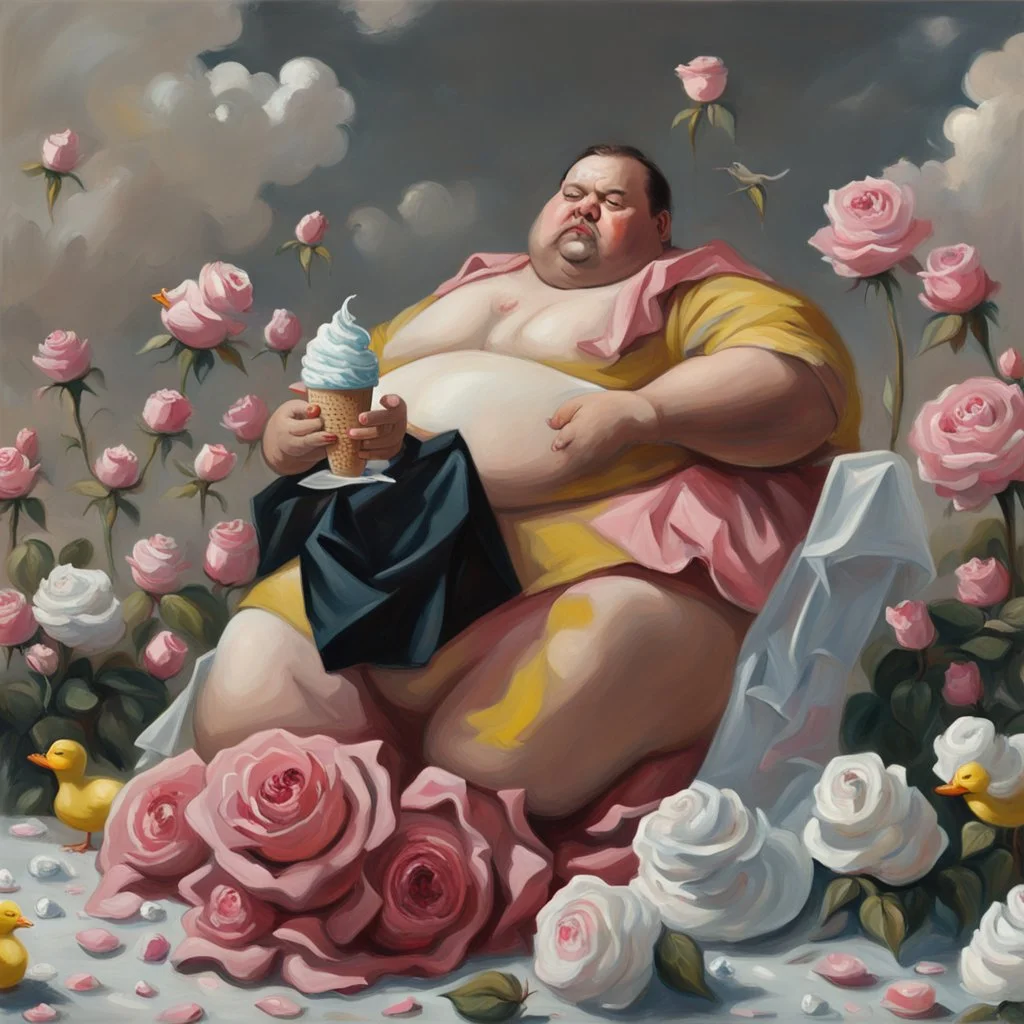 A fat man wearing a Balenciaga dress is sitting in a field of pink roses next to yellow plastic ducks and eating ice cream. 19th painiting