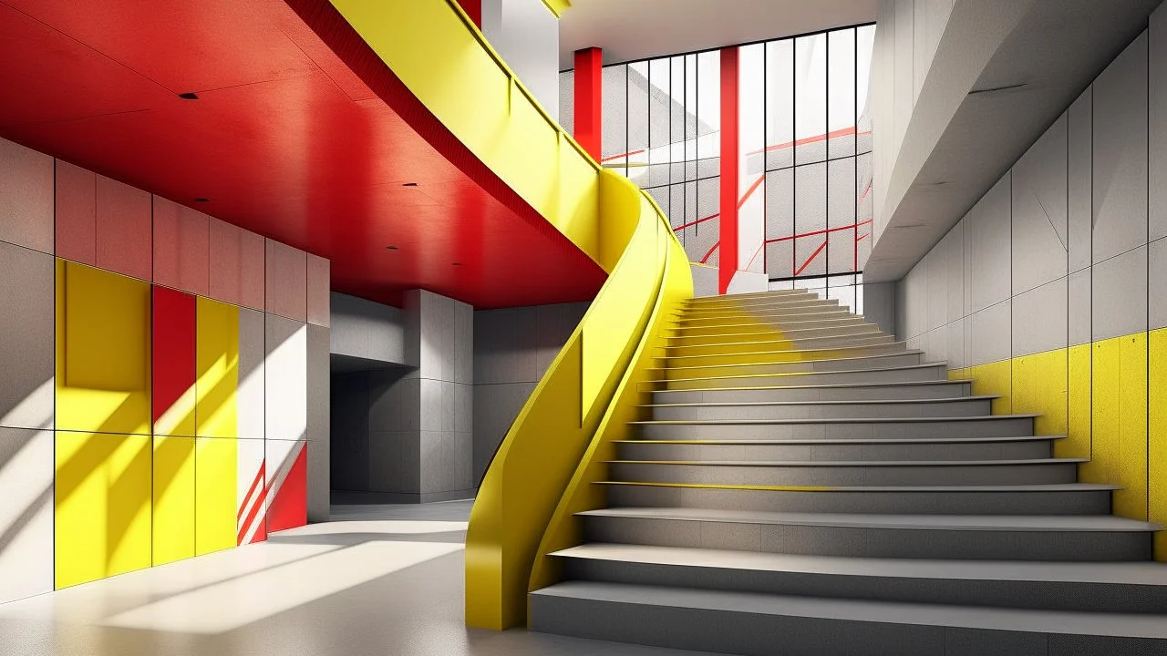 This is a high-resolution CGI rendering of an abstract, modernist architectural space. The scene features a large, open area with a multi-level staircase that winds around the central void. The staircase is composed of concrete steps with alternating red and yellow handrails, creating a striking visual contrast. The walls are made of large, gray concrete panels, with sections of red and yellow accents that add a pop of color. The ceiling is also made of concrete, with rectangular openings that a