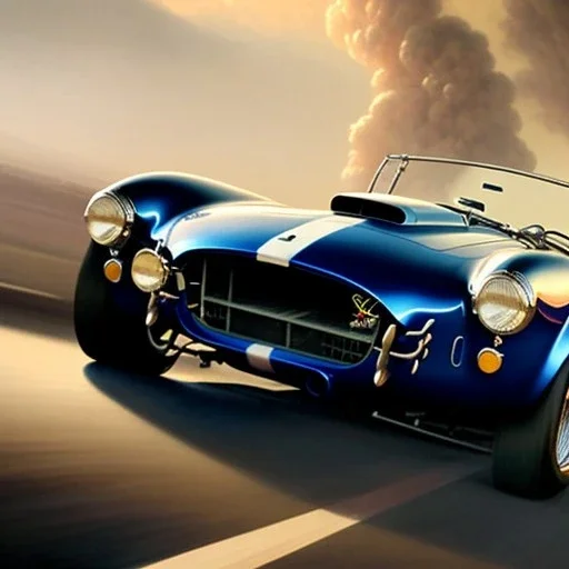 hyperrealism Drawing of 'Dark Blue AC Shelby Cobra 427' three quarter frontal aerial view, by gaston bussiere, greg rutkowski, yoji shinkawa, yoshitaka amano, tsutomu nihei, donato giancola, tim hildebrandt,oil on canvas, cinematic composition,Sharp detail,extreme detail,fit full head inside picture,16k