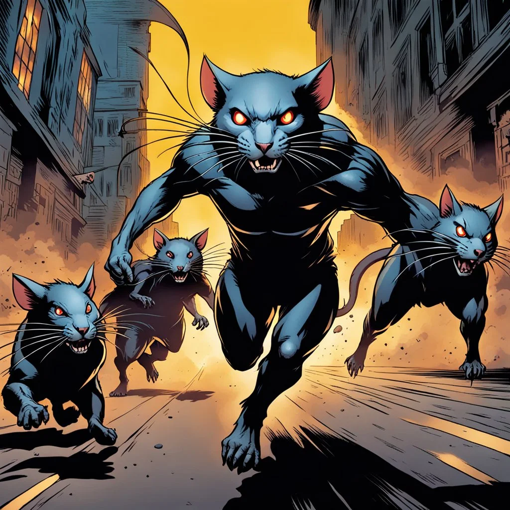 Cómic ot Catman chases three humanoid rats that are running around in terror