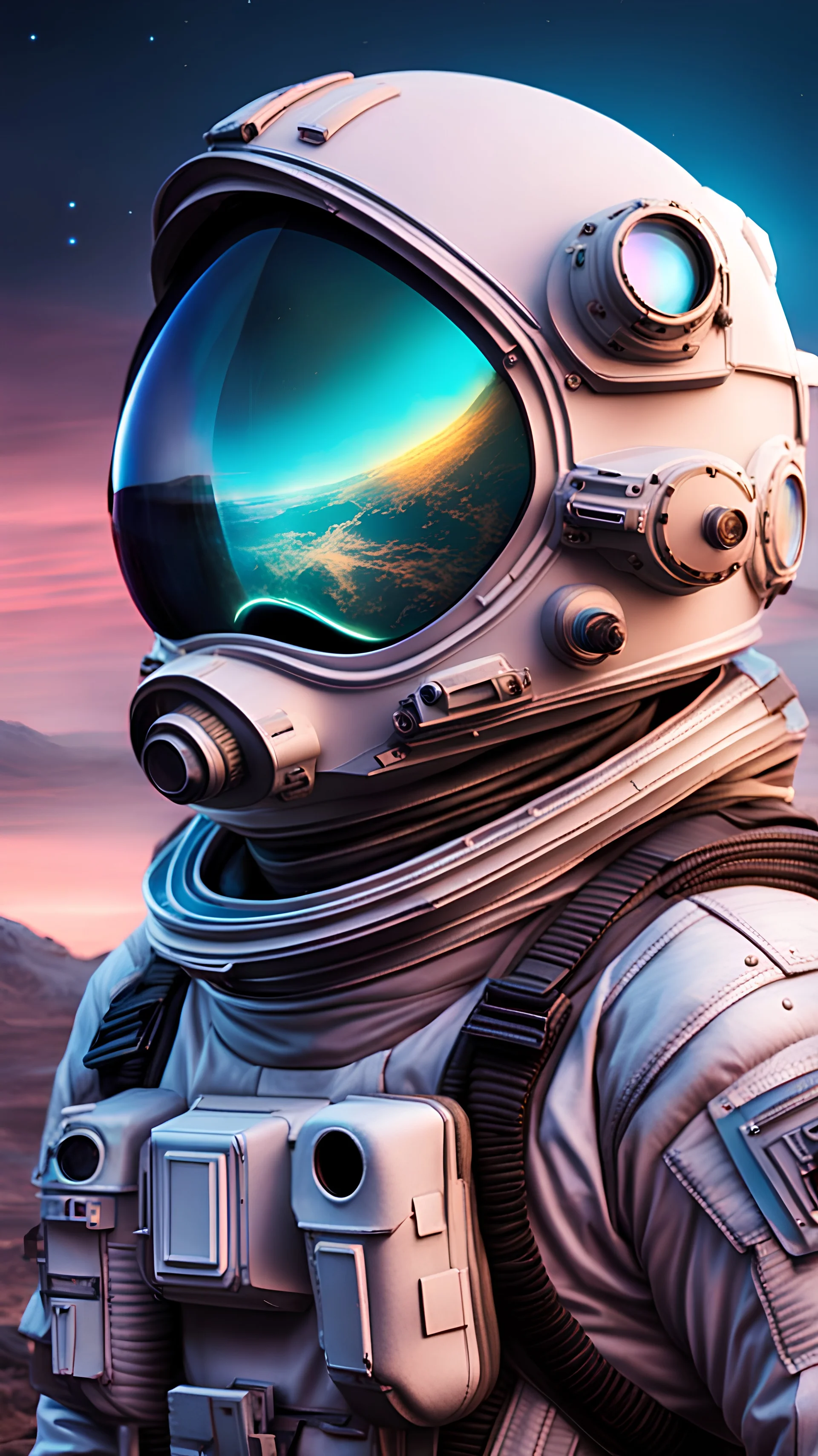 photo realistic of pretty girl astronaut in has a unique mask 70 percent mask of glass to see outside view of a planet some reflected to her smooth no buttons or widgets, color gradient astronaut mask #edb00e, enhanced exposure lights, surprised with the landscape emotional look delicate athletic body, futuristic superb appealing futuristic emotional brave intricate meticulously detailed science fiction them, volumetric lighting, 250 megapixels 8K resolution, gradient color