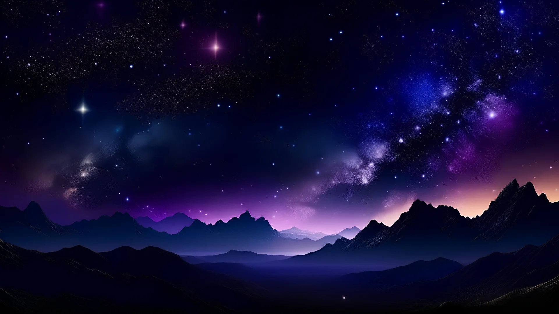 Night sky with visible stars and galaxies above and mountains on the ground a high fantasy vibe, purpleish hue