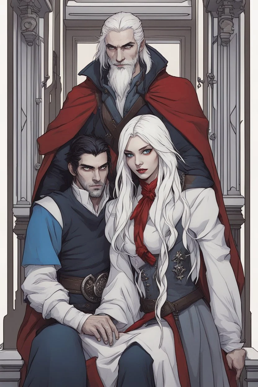 A couple, from the dnd game curse of Strahd. The woman has long white hair and blue eyes, the man has LONG BLACK hair and red eyes, no facial hair.