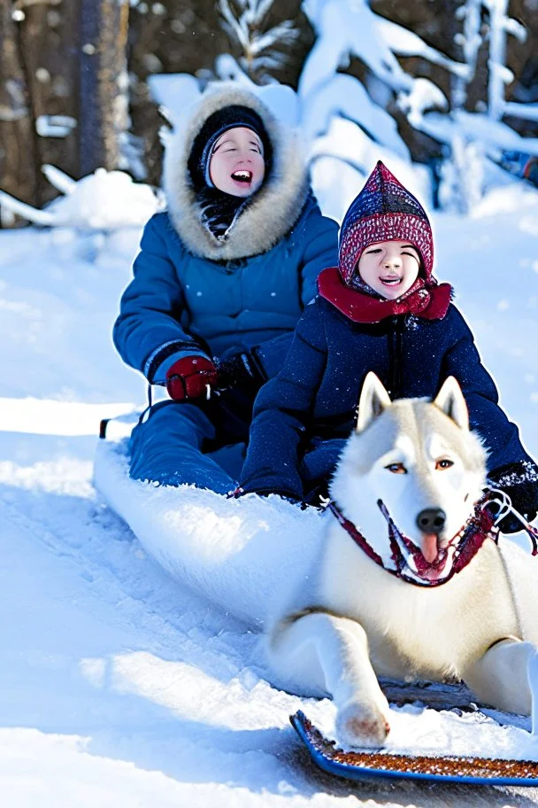 niño y niña viajan en un trineo tirado por un husky