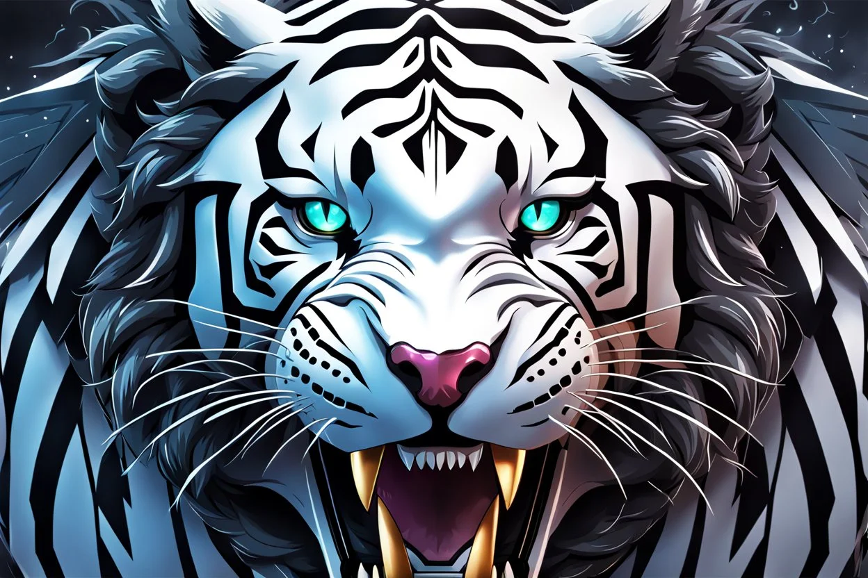 Cyber Machine venom in 8k anime realistic drawing style, white tiger them, neon effect, close picture, snow, black wings, apocalypse, intricate details, highly detailed, high details, detailed portrait, masterpiece,ultra detailed, ultra quality