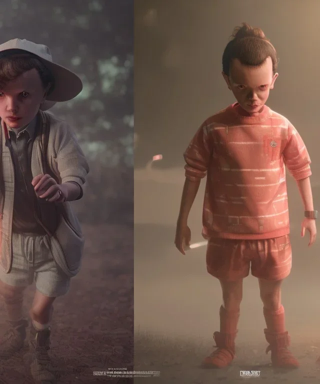 Stranger things eleven toddler, full body, dramatic lighting, hyper realistic