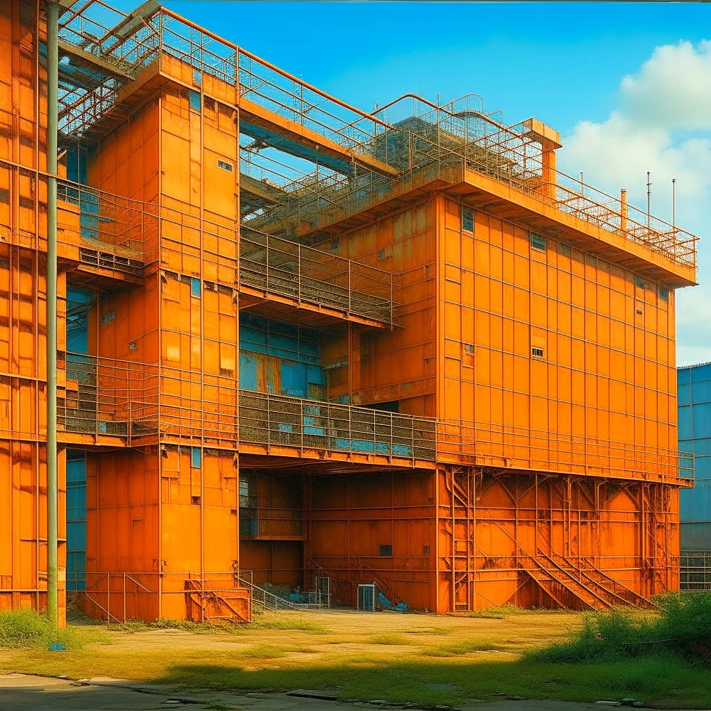 A salmon orange colored pixelated factory painted by Albrecht Durer