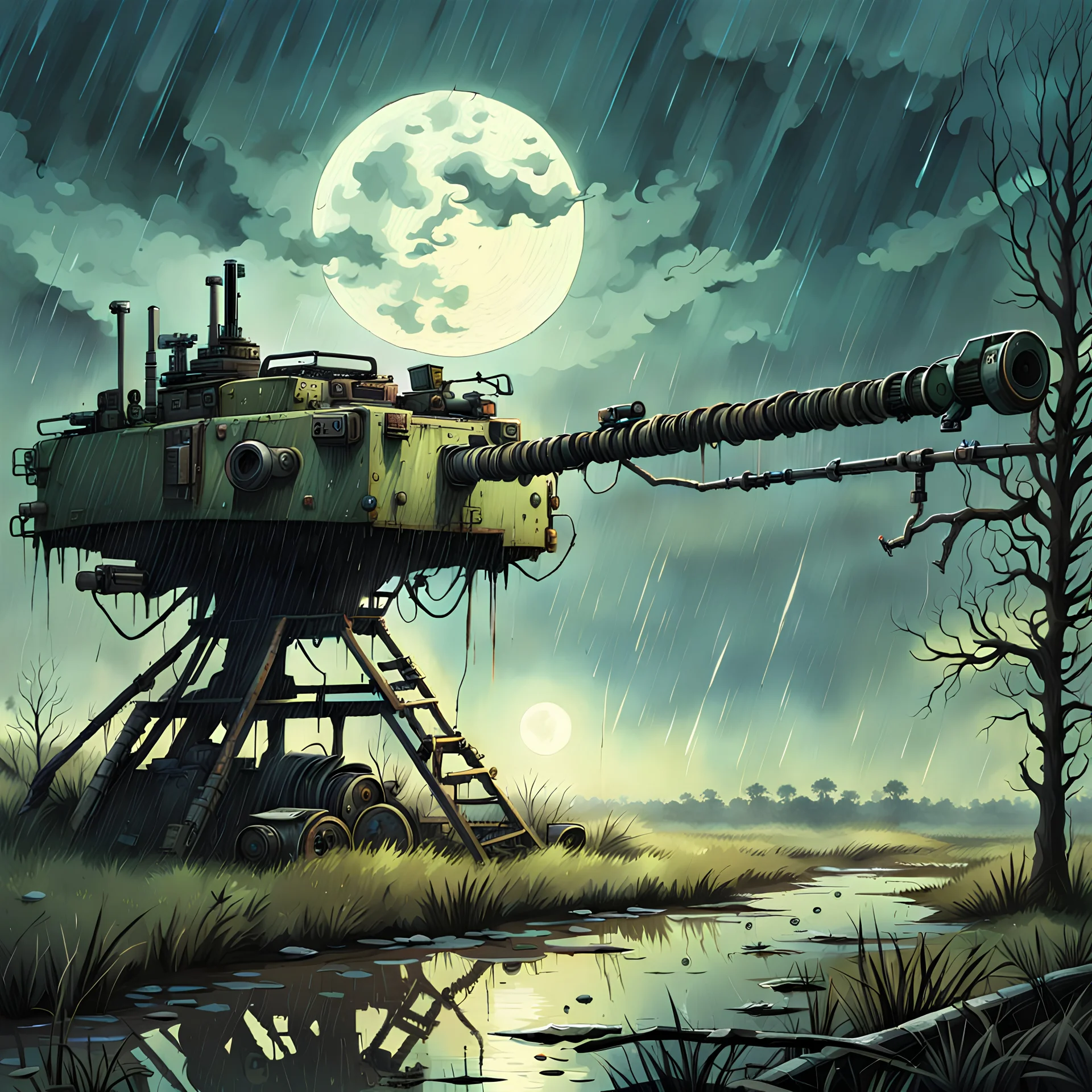 post-apocalyptic machine gun turret, outside, rain, moonlight